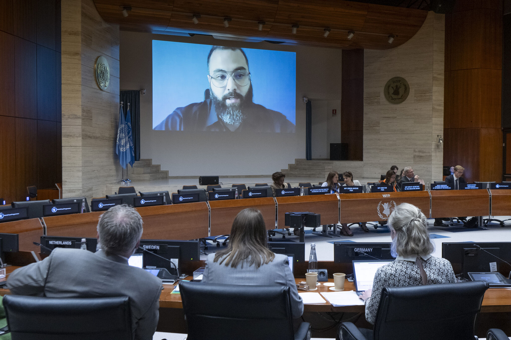 Majd Hallab presenting at WFP Executive Board PSEA panel, Rome 2025